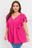 Crinkle Ruffled V Neck Plus Size Blouse