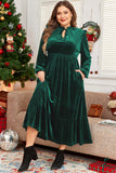 Blackish Green Velvet Frilled up Neck Ruffled High Waist Plus Size Midi Dress