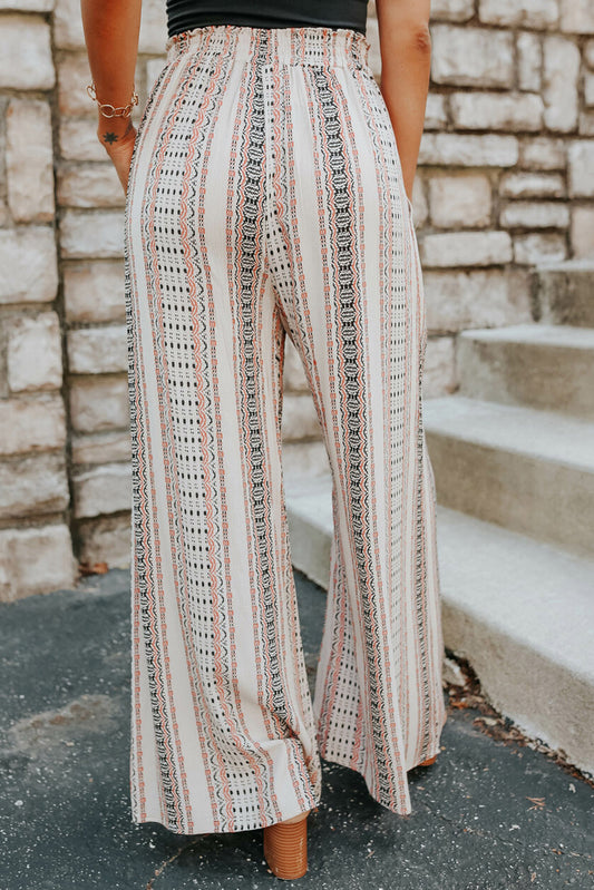 Geometric Pattern Shirred Wide Leg Plus Size Pants