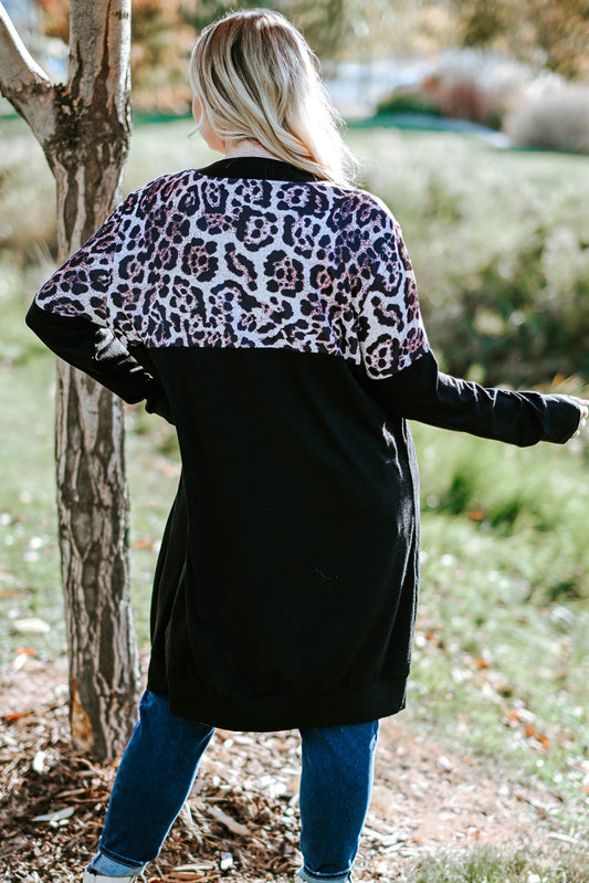 Black Leopard Detail Plus Size Cardigan