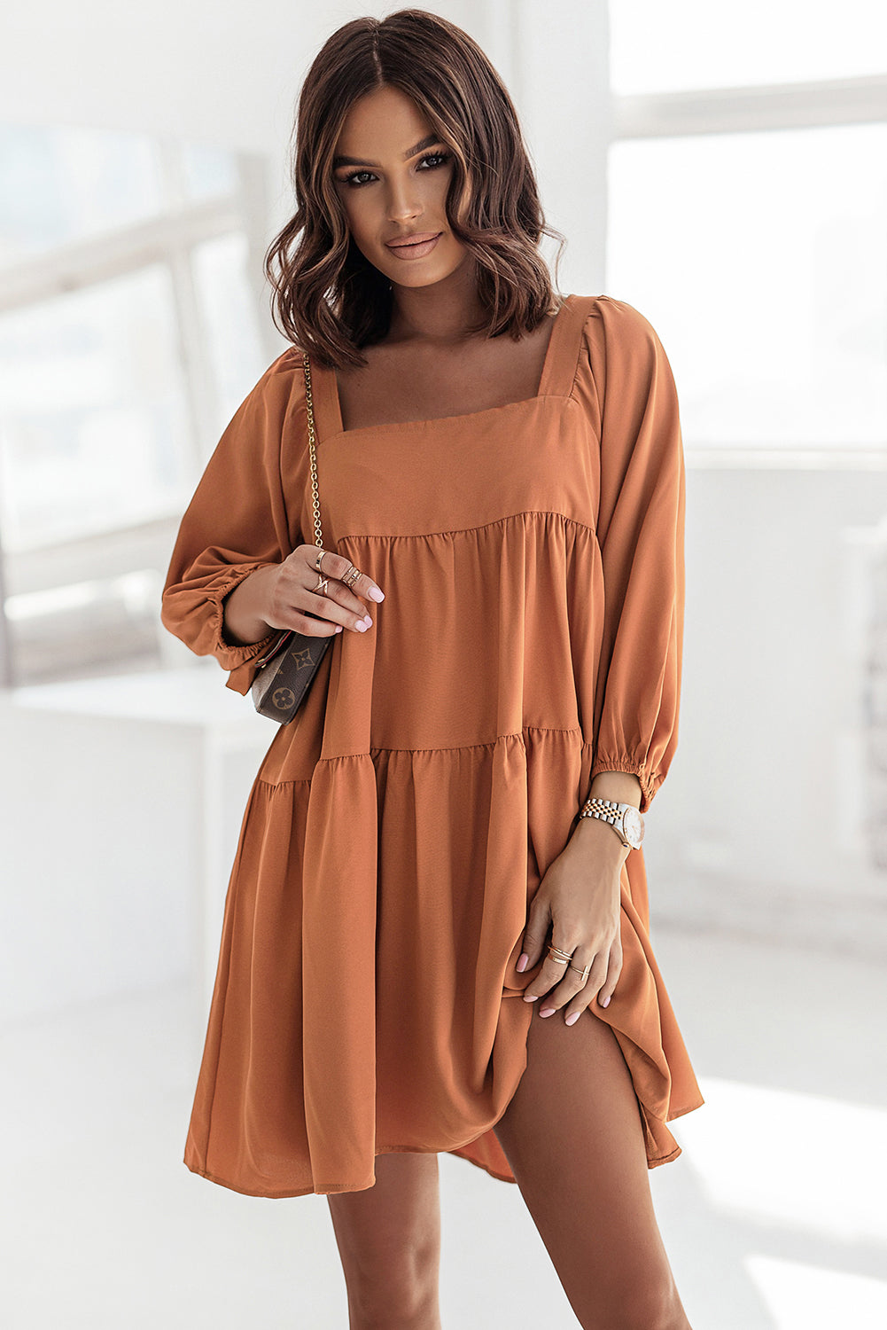 Square Neck Half Sleeve High Low Mini Dress