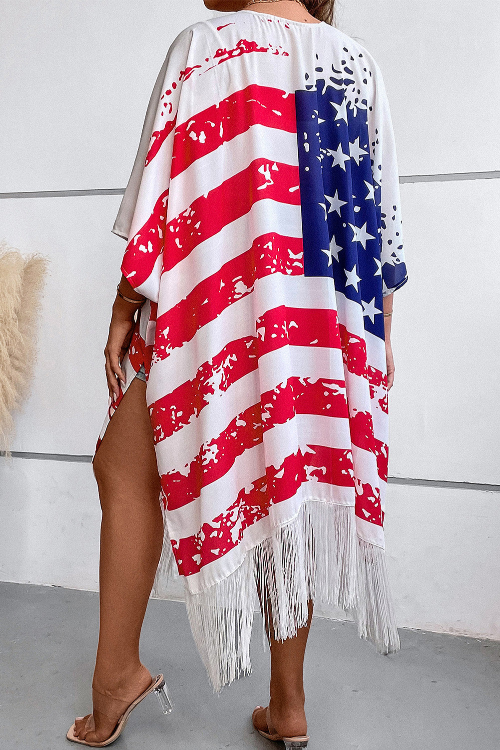 Plus Size American Flag Tasseled 3/4 Sleeve Cardigan