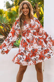 High Waist Bell Sleeve Ruffled Floral Mini Dress