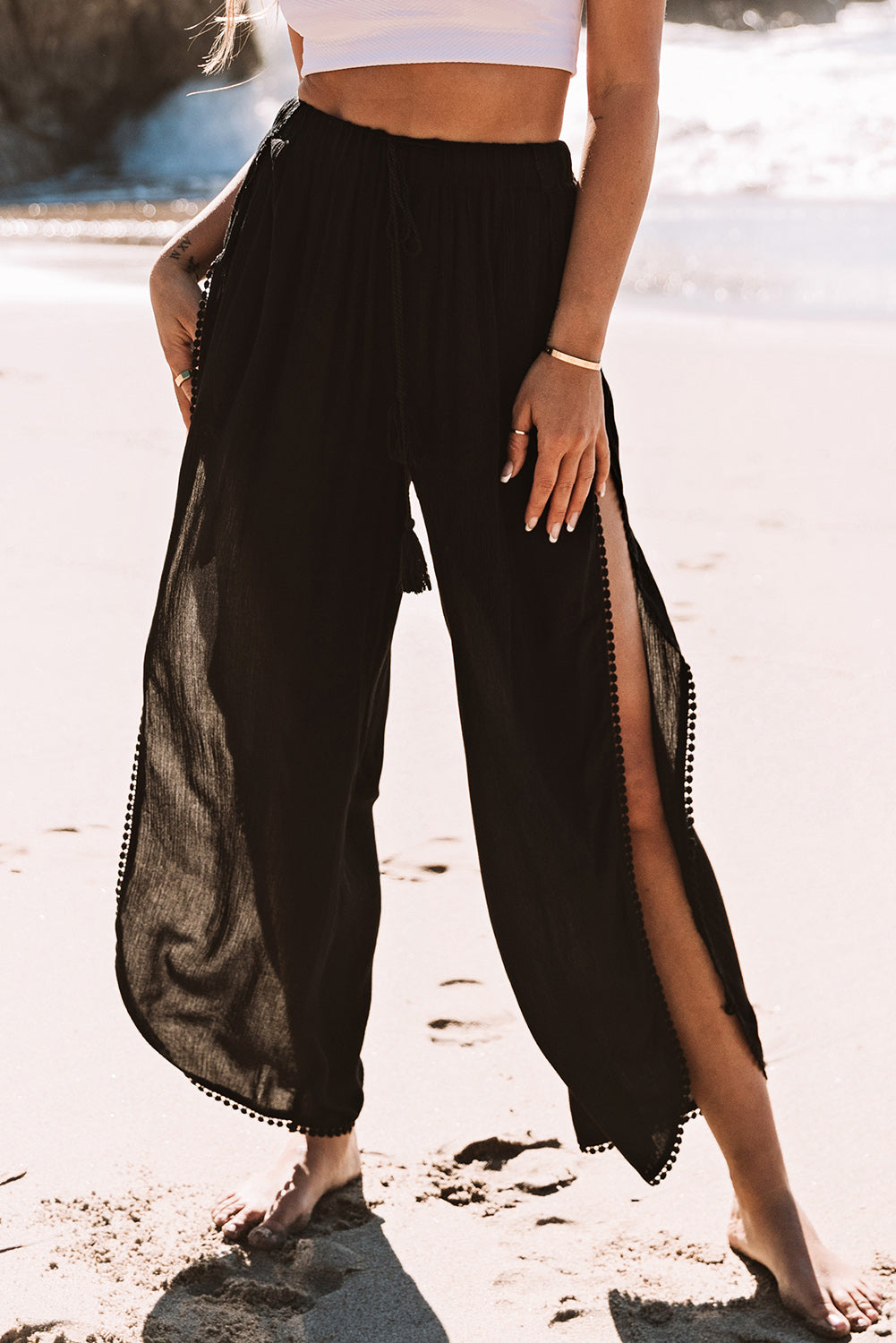 Lace Trim Along Split Leg Beach Cover up Pants