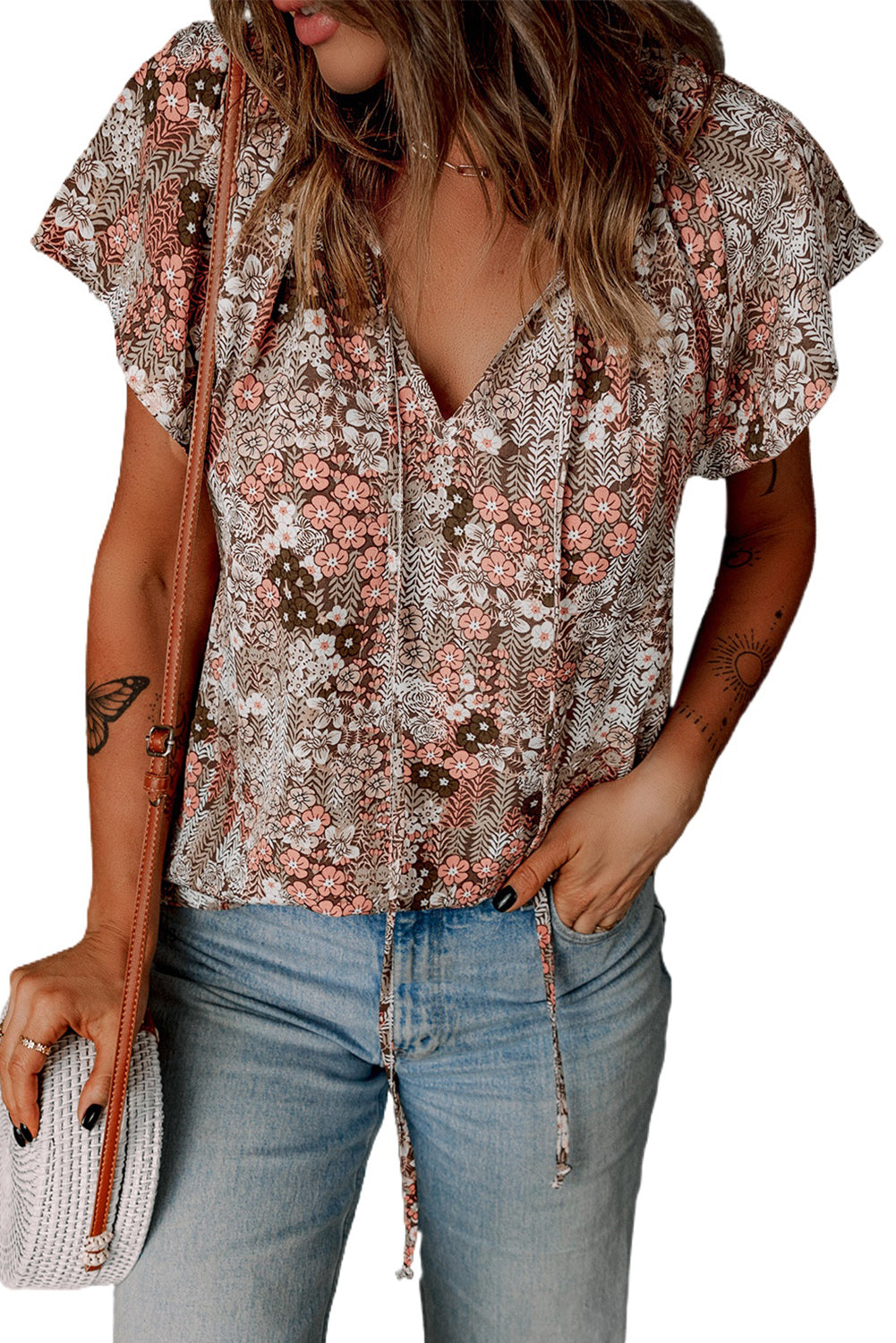 V-neck Short Sleeve Fashion Print Fantasy Fluttering Blouse