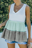 Ruffled V Neck Color Block Tank Top