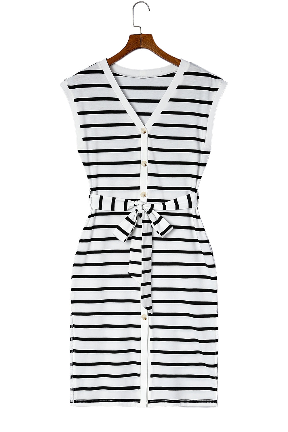 Striped Button Slit Tie V-Neck Midi Dress