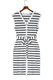 Striped Button Slit Tie V-Neck Midi Dress