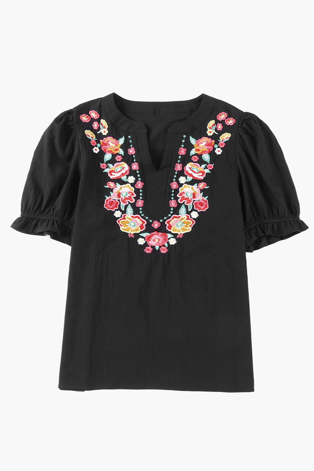 Blouse blanche à manches bouffantes et à volants brodés de fleurs