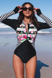 Floral Striped Patchwork Rashguard One-piece Swimsuit