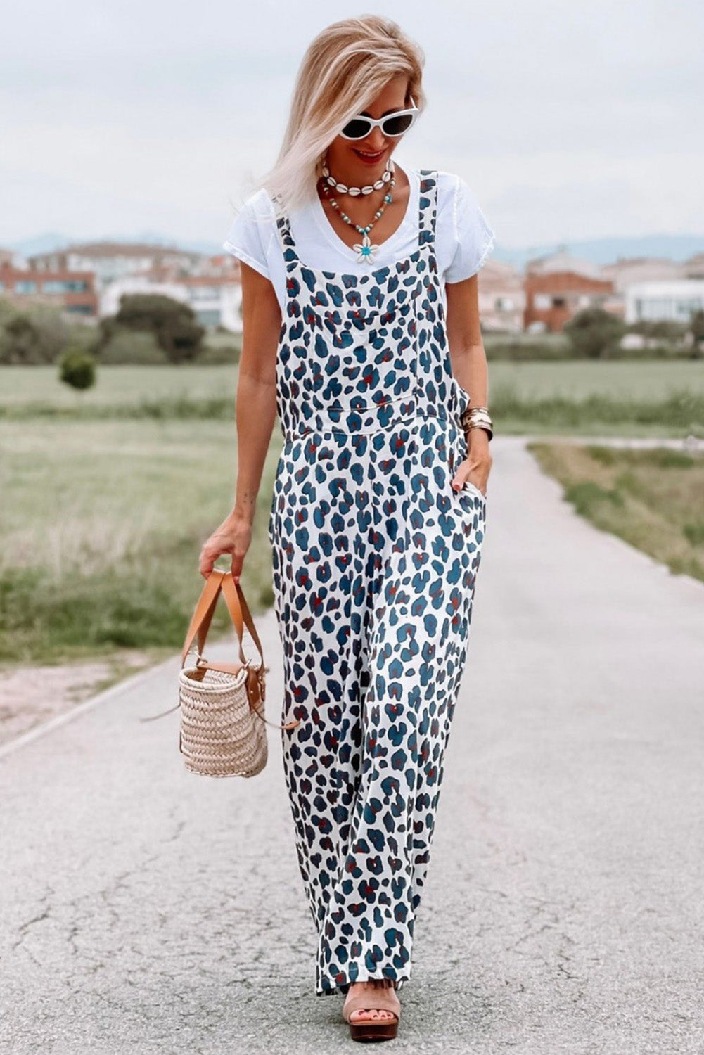 Wide Leg Leopard Print Jumpsuit Overalls