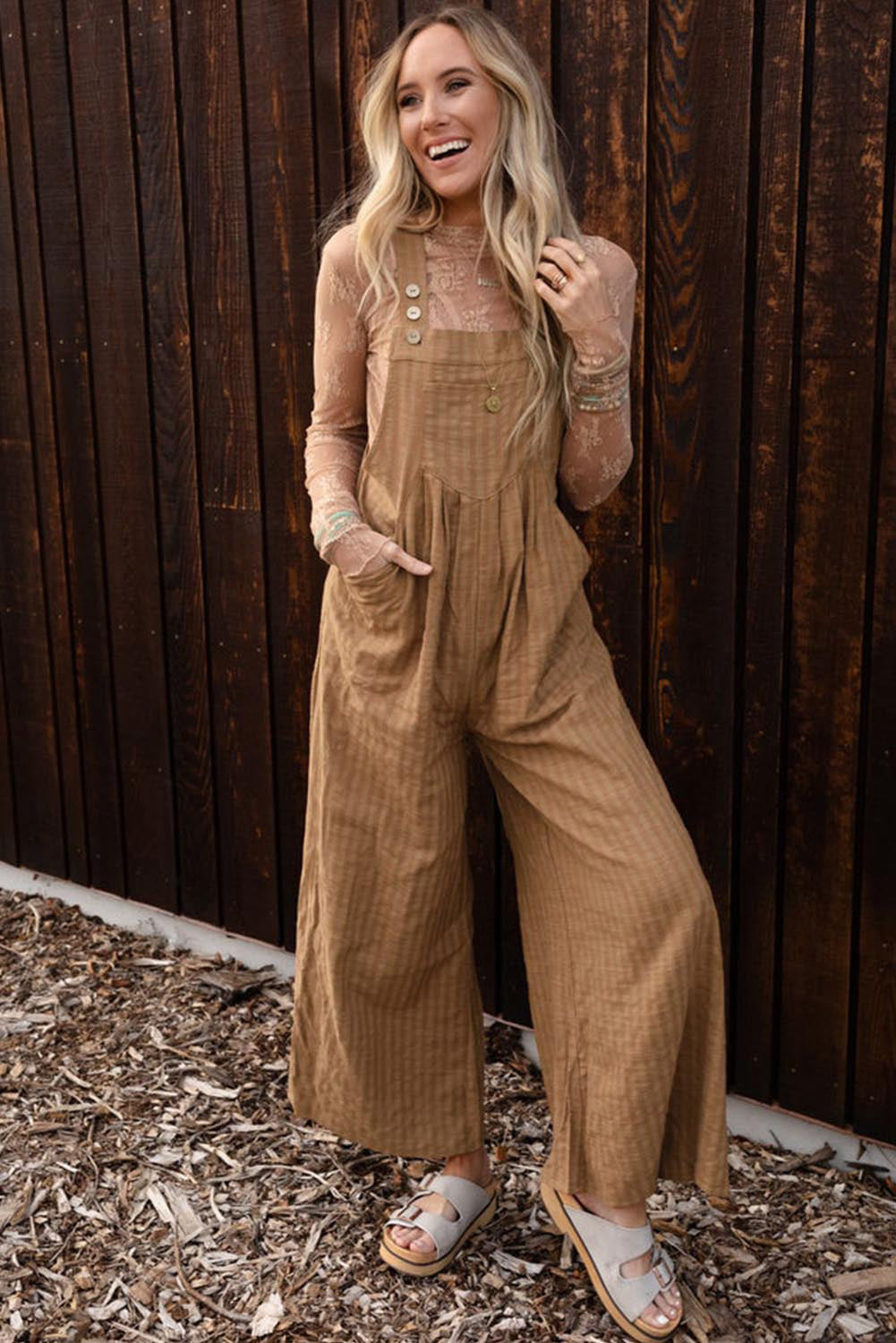 Brown Striped Pleated Wide Leg Pocketed Jumpsuit