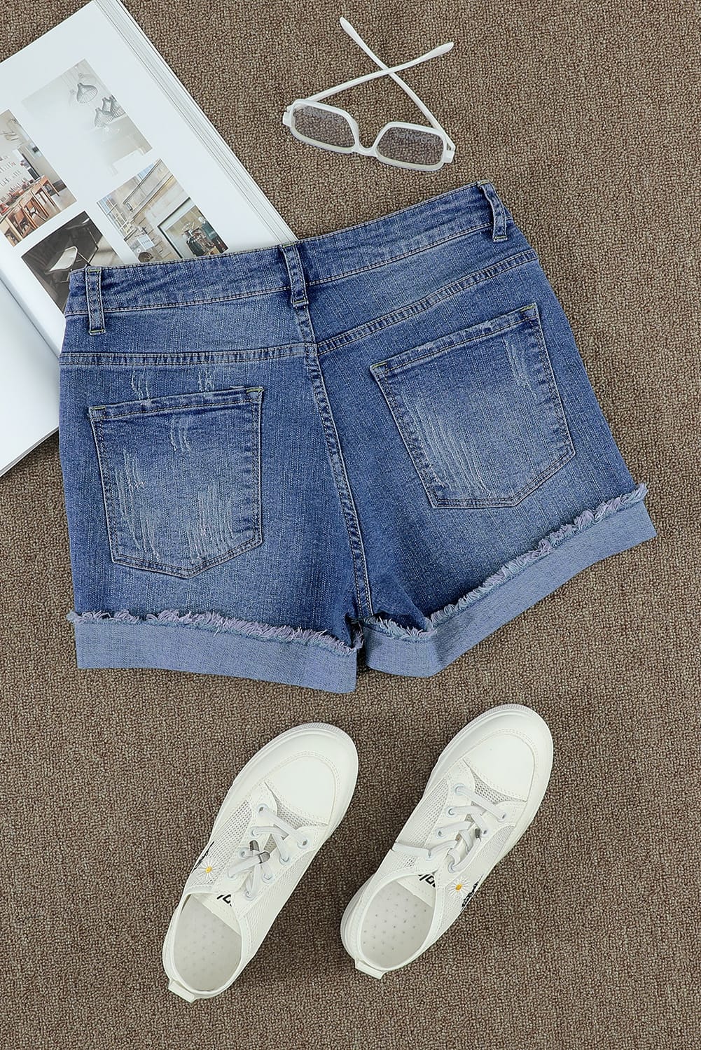 Floral Patchwork Rolled Hem Denim Shorts