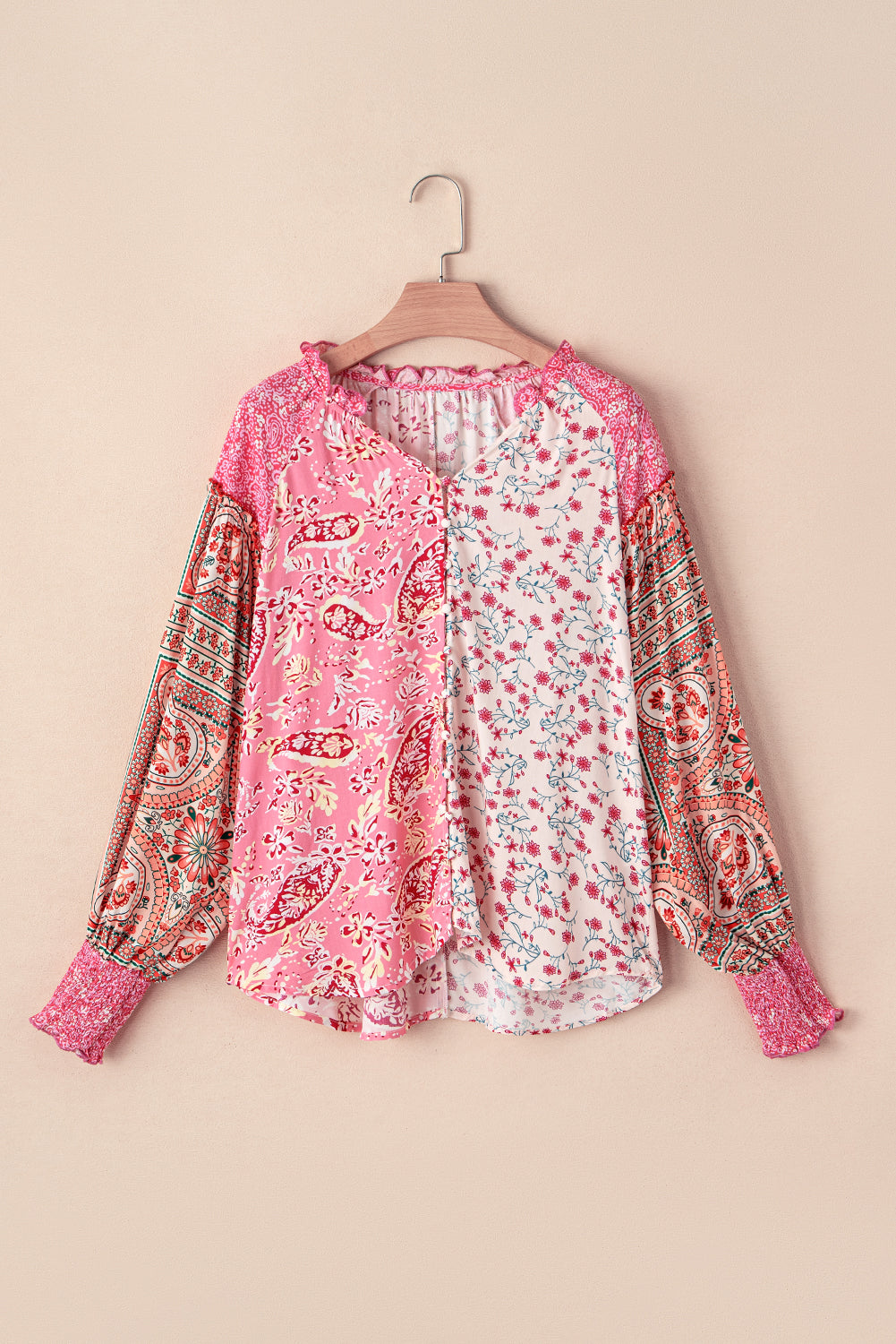 Pink Mixed Floral Printed Puff Sleeve V-Neck Shirt