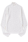 White Flower Lace See Through Mock Neck Long Sleeve Top