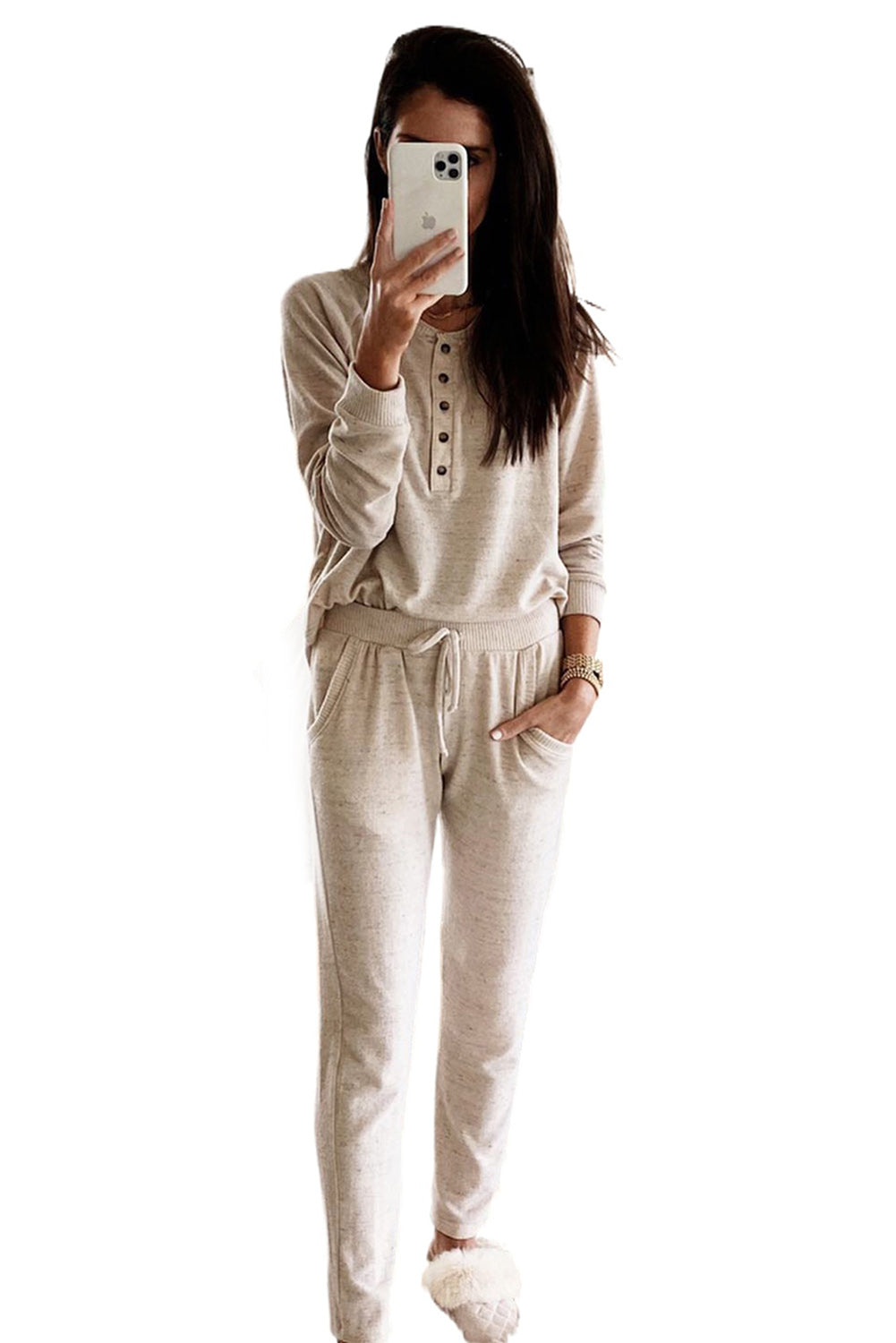 Plus Size Long Sleeve Henley Top Drawstring Pants Outfit