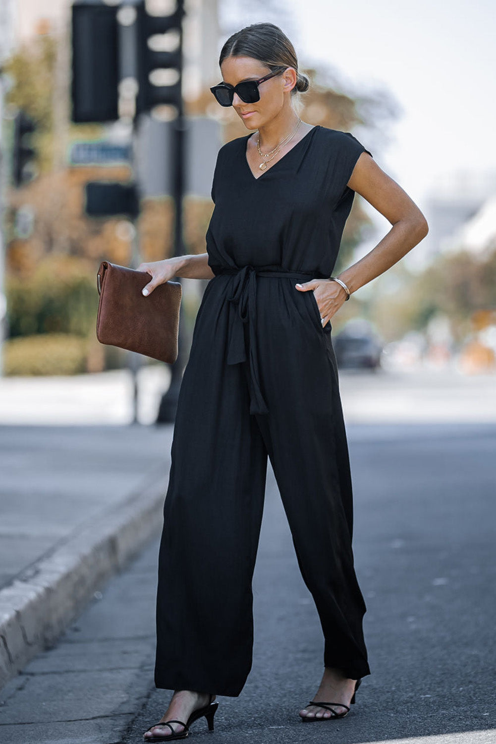 Sleeveless V Neck Belted Wide Leg Jumpsuit