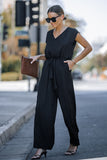 Sleeveless V Neck Belted Wide Leg Jumpsuit