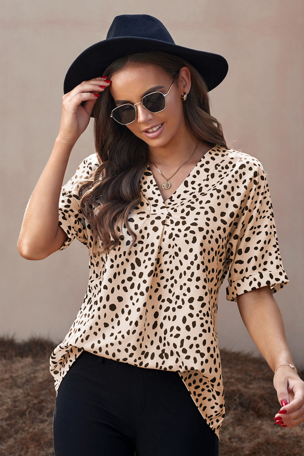 Animal Print V-neck Rolled Sleeve Tunic Top