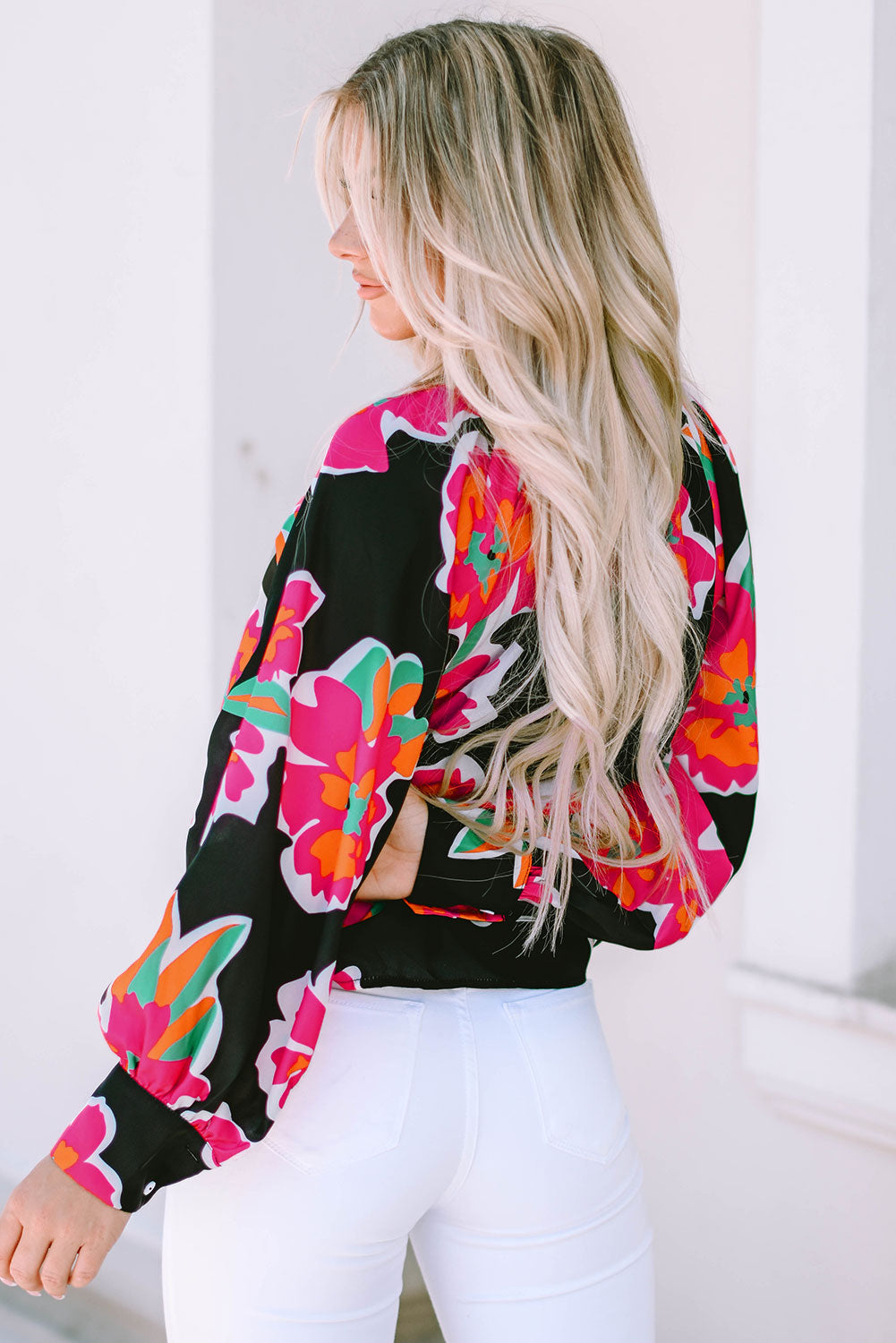 Black Flower Print Puff Sleeve Blouse