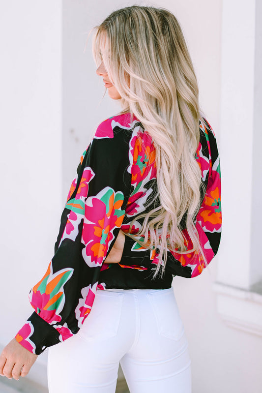 Black Flower Print Puff Sleeve Blouse