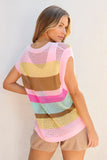 Pink Stripe Crochet Cap Sleeve Loose Fit Sweater T Shirt