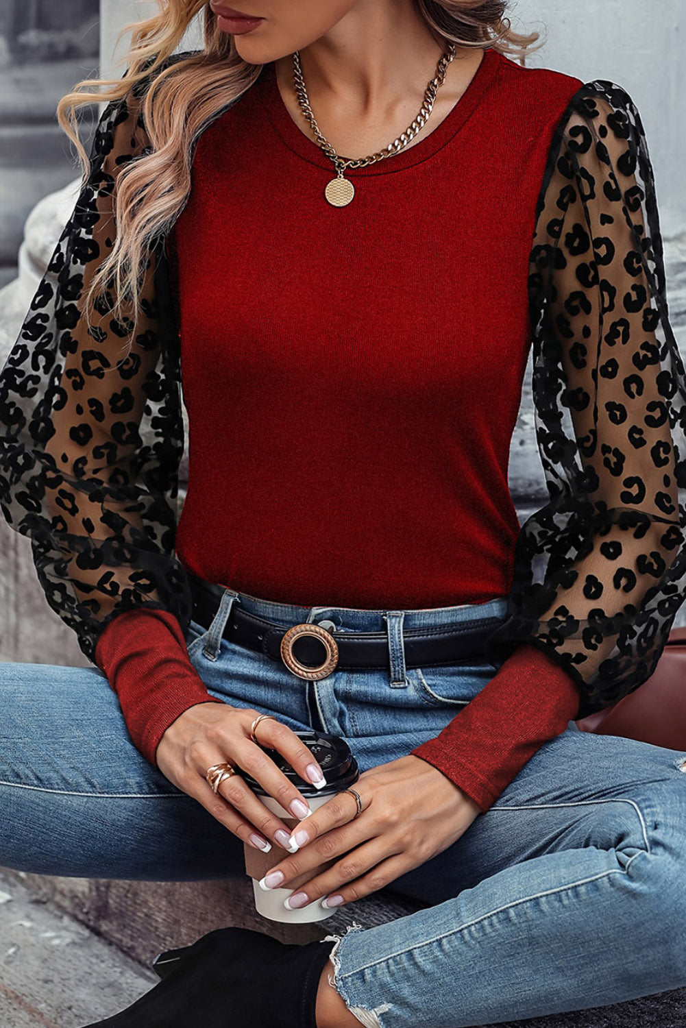 Leopard Mesh Puff Sleeve Patchwork Slim Fit Top