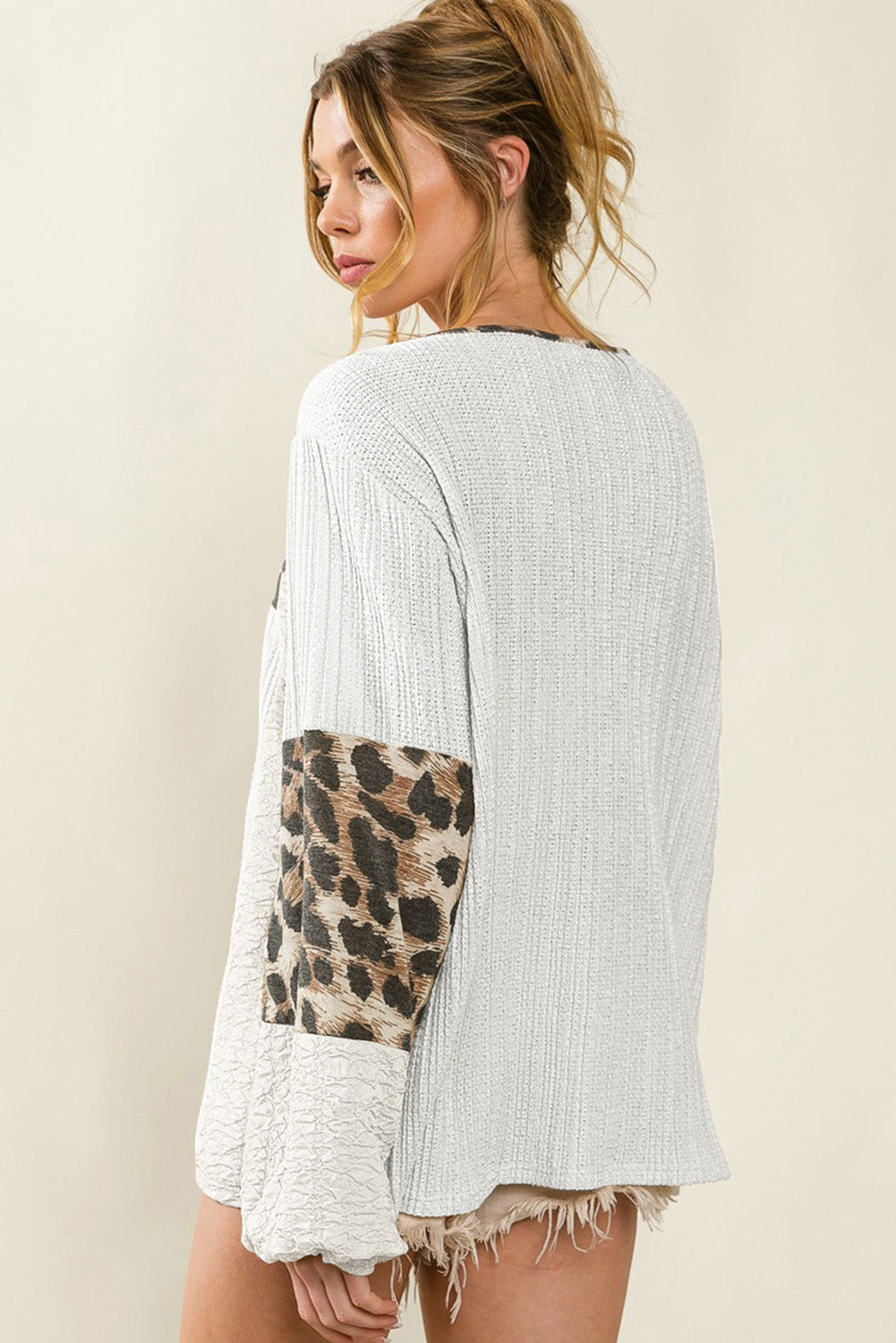 Leopard Patch Puff Sleeve Textured Blouse