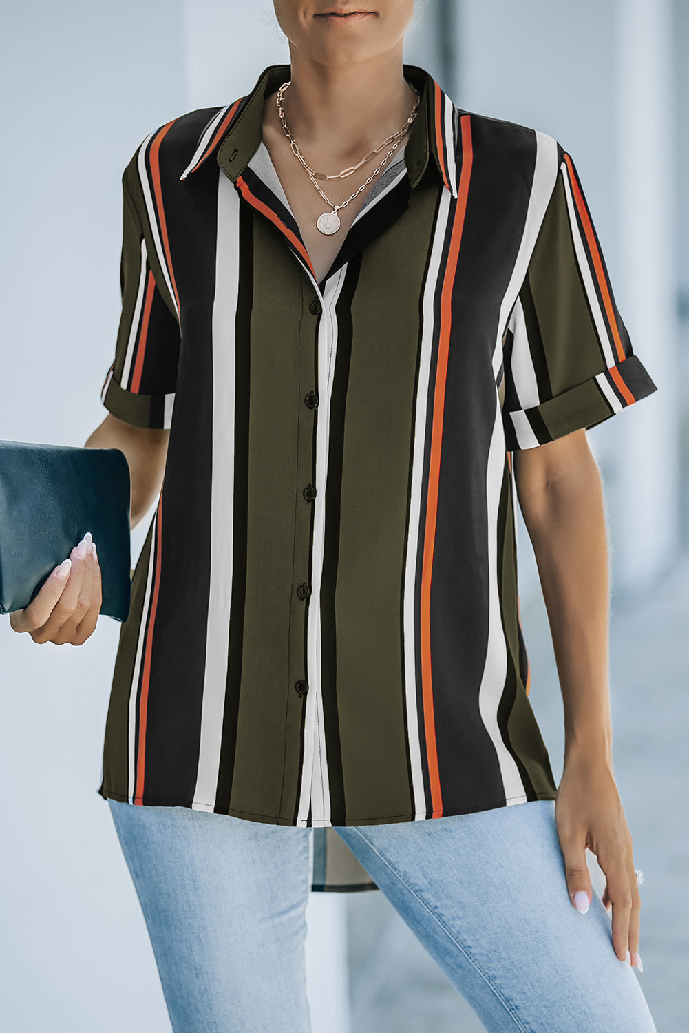 Brown Striped Short Sleeve Button Shirt