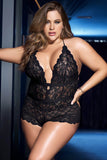 Plus Size Lace Scalloped Halter Neck Strappy Teddy Lingerie