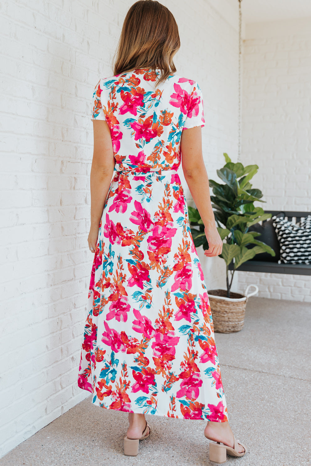 Wrap V Neck Short Sleeve Floral Maxi Dress