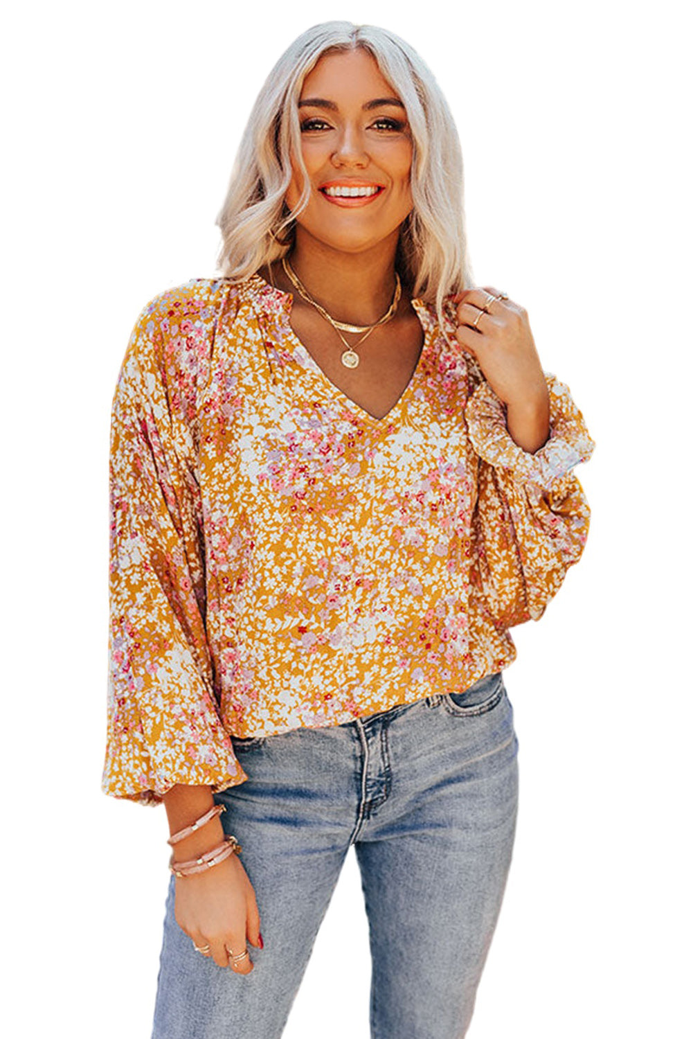 Split V Neck Floral Blouse