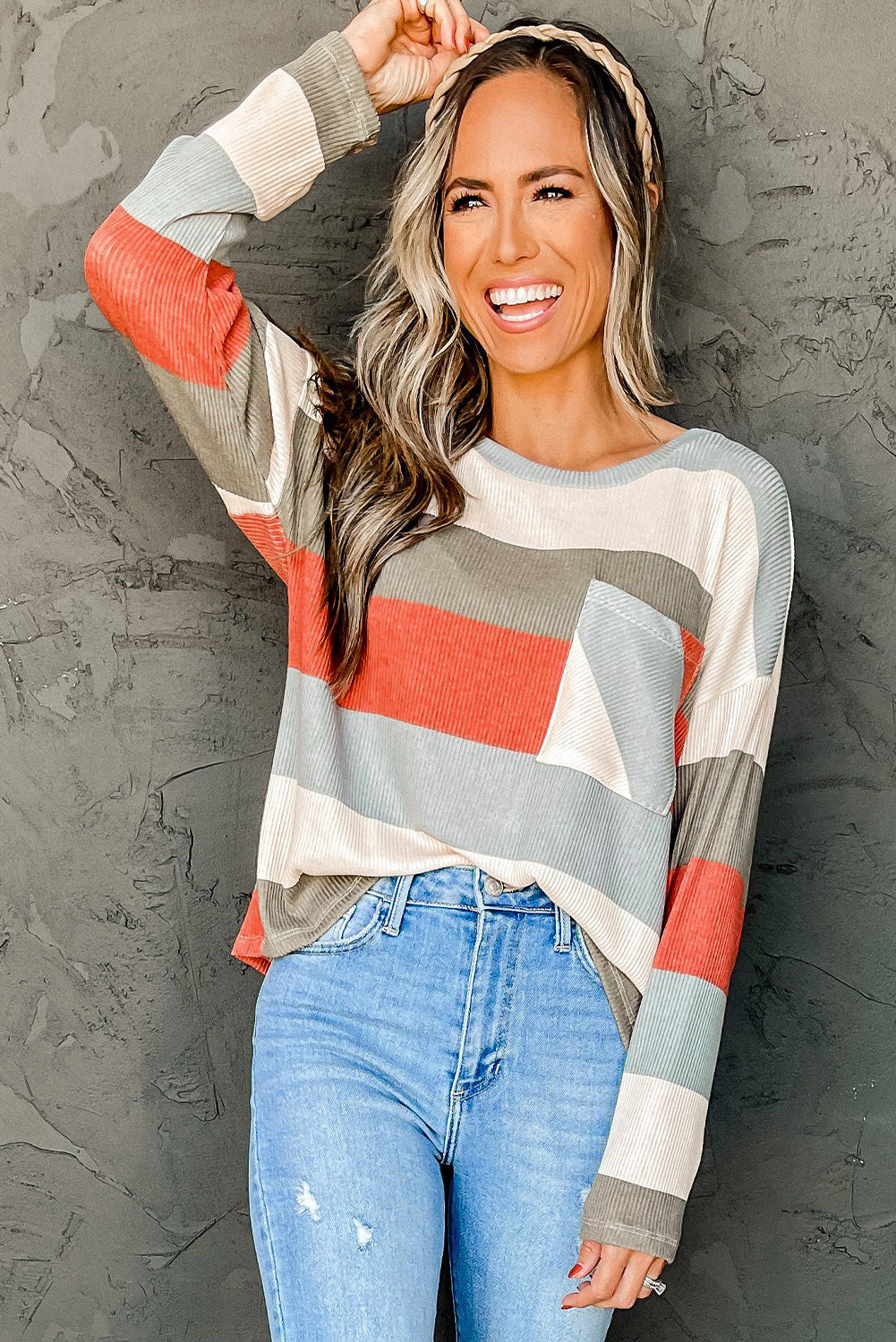 Striped Colorblock Ribbed Knit Top with Pocket