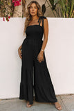 Black Tie Straps Shirred Bodice Tiered Wide Leg Jumpsuit