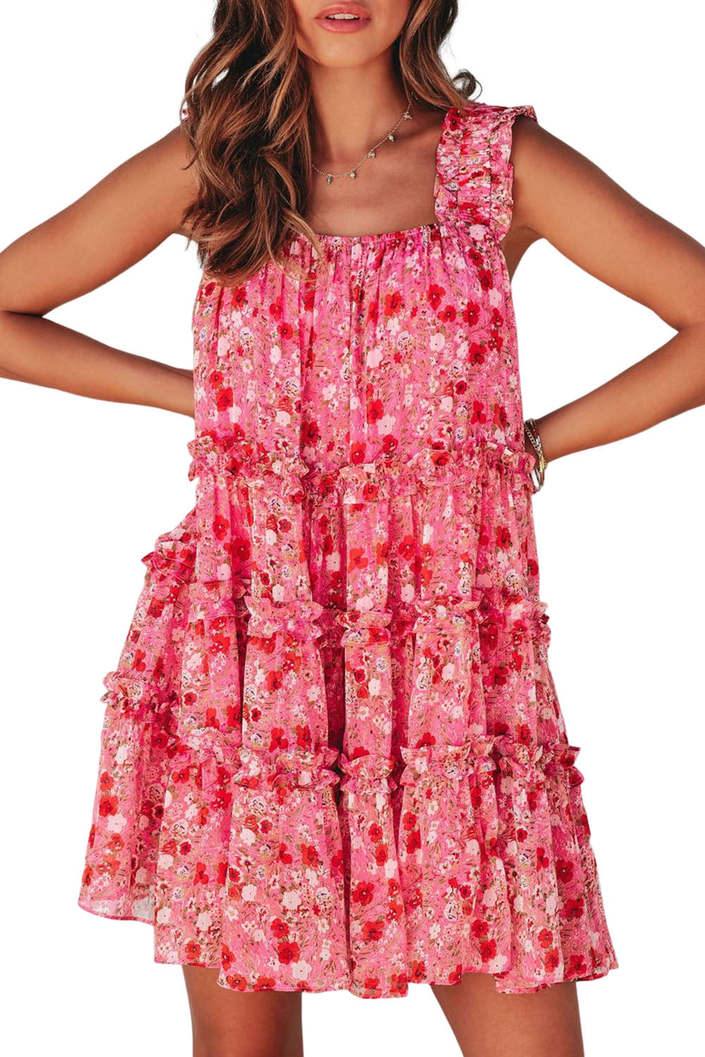 Tiered Ruffled Square Neck Sleeveless Floral Mini Dress