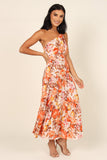 Floral Print Pleated One Shoulder High Waist Maxi Dress