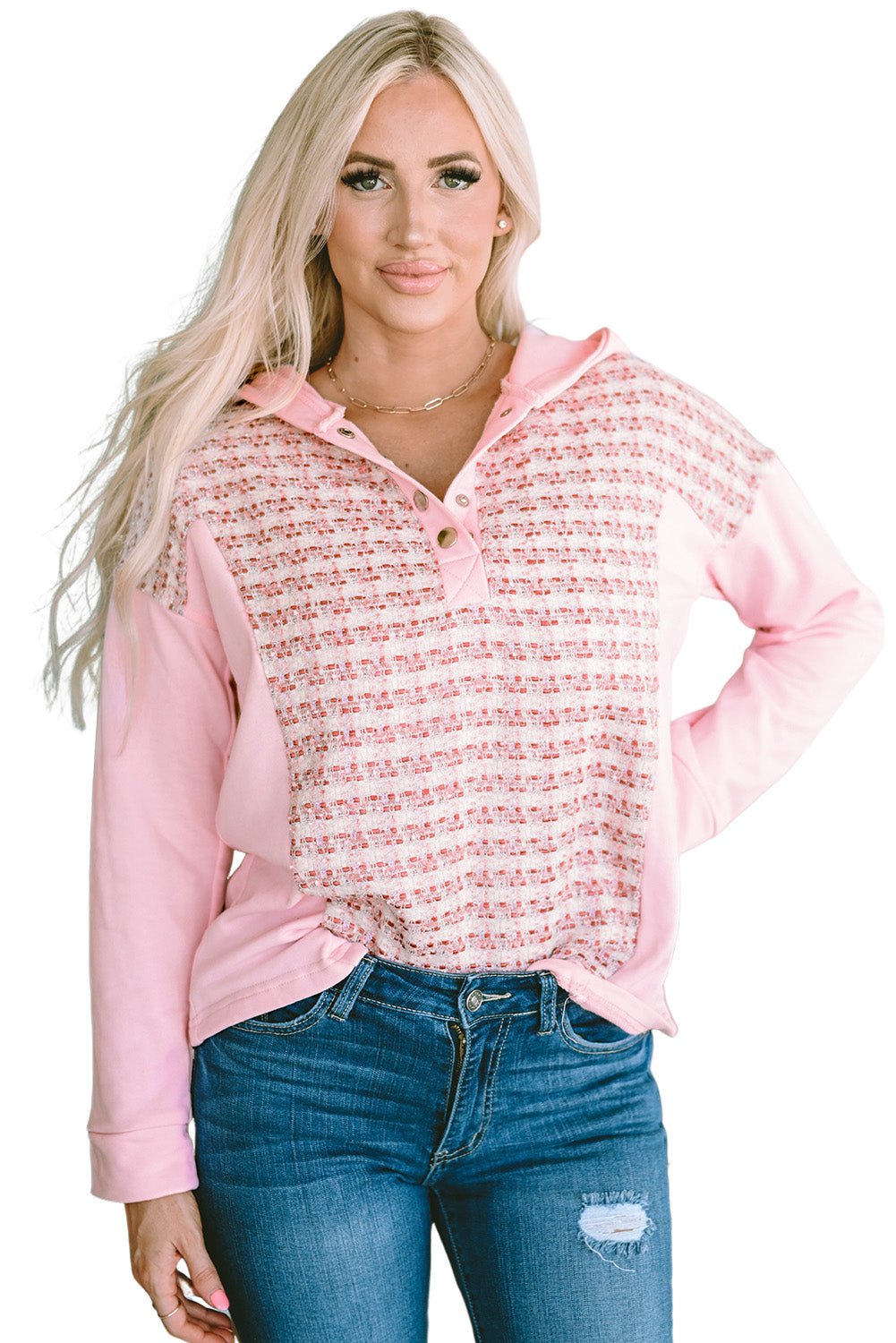 Sweat à capuche décontracté en tweed rayé rose avec boutons en patchwork