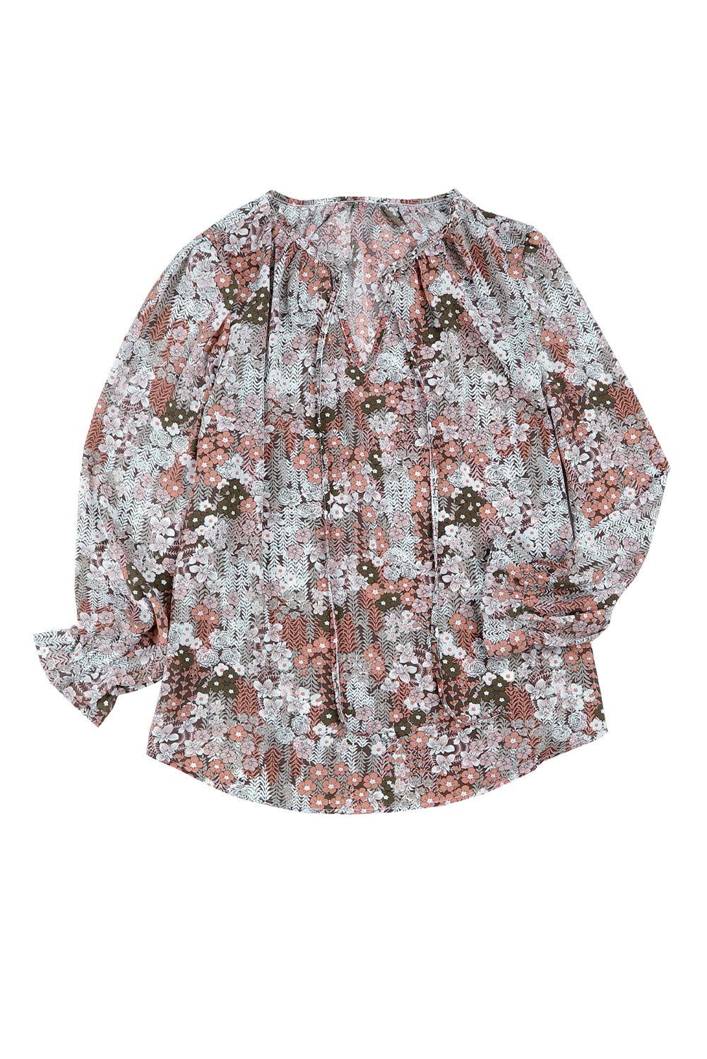 Red Printed Long Sleeve V-Neck Drawstring Shirt