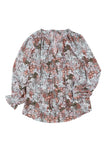 Red Printed Long Sleeve V-Neck Drawstring Shirt