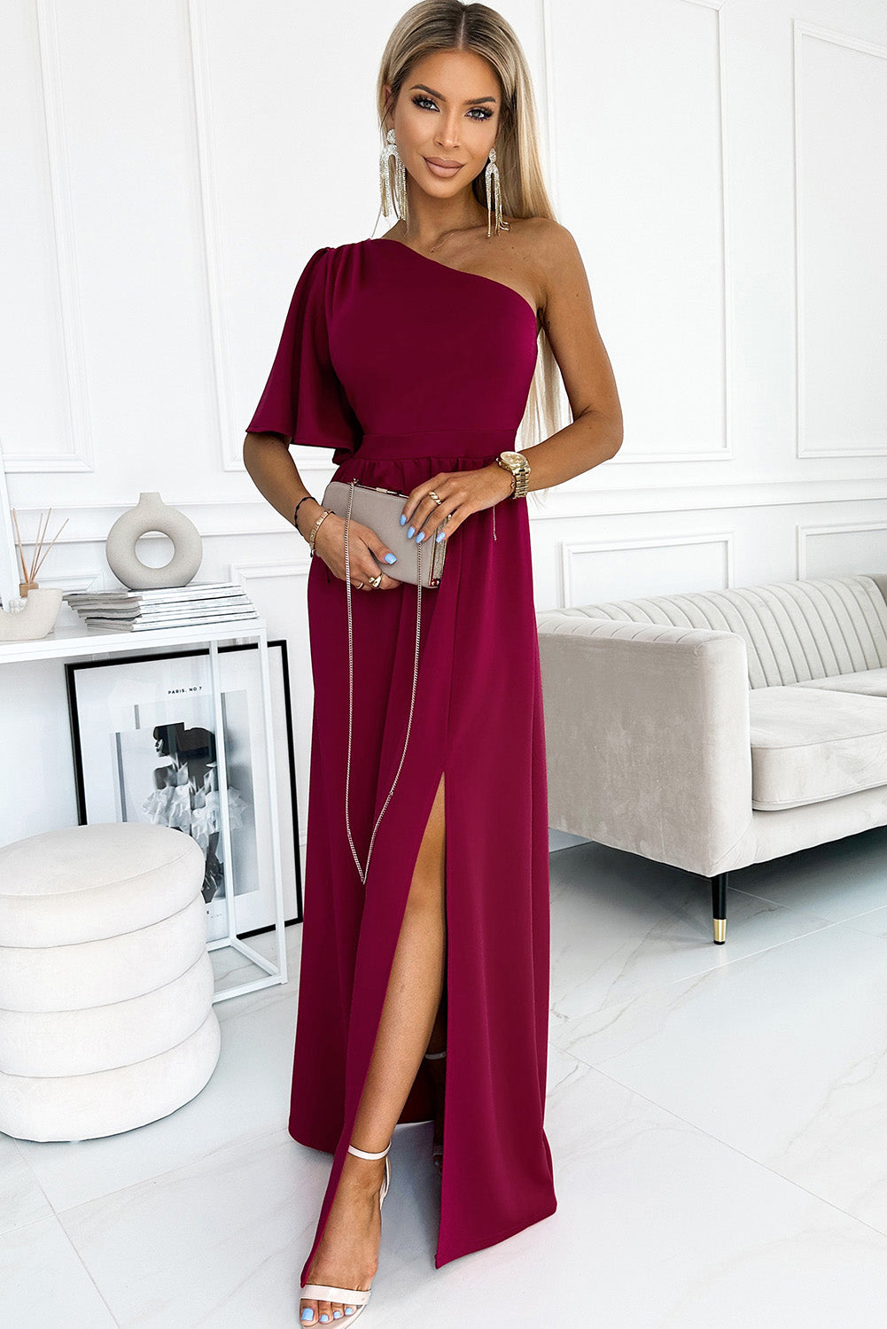 One Shoulder Ruffle Sleeve Maxi Dress with Slit