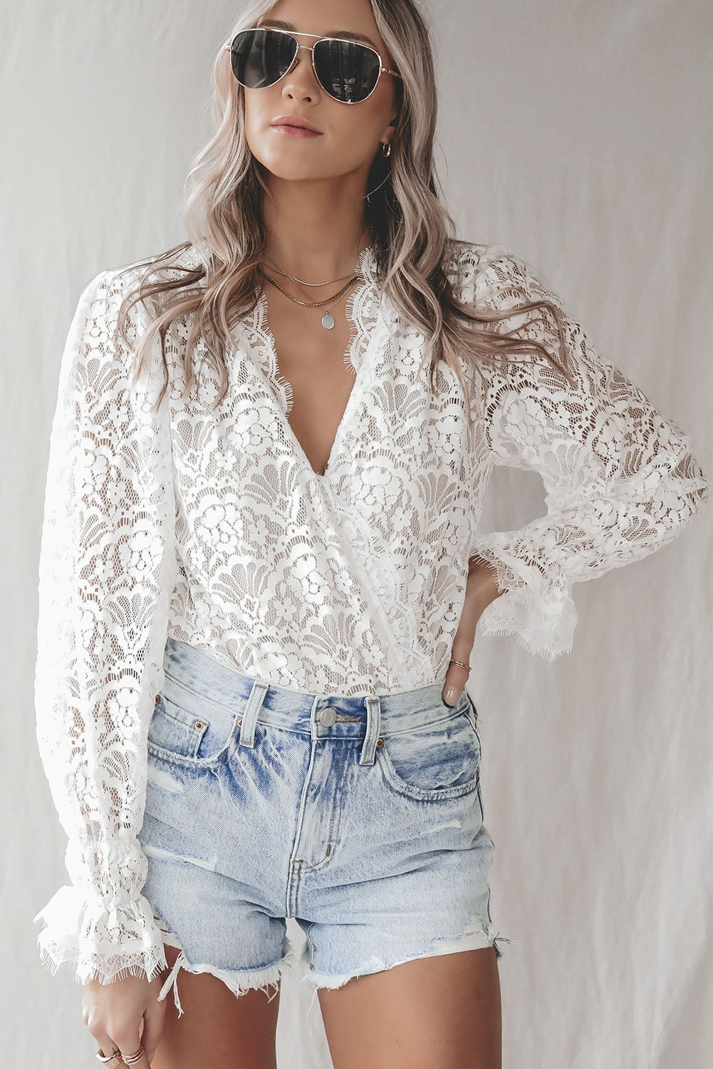 Lace V Neck Wrap Long Sleeve Bodysuit