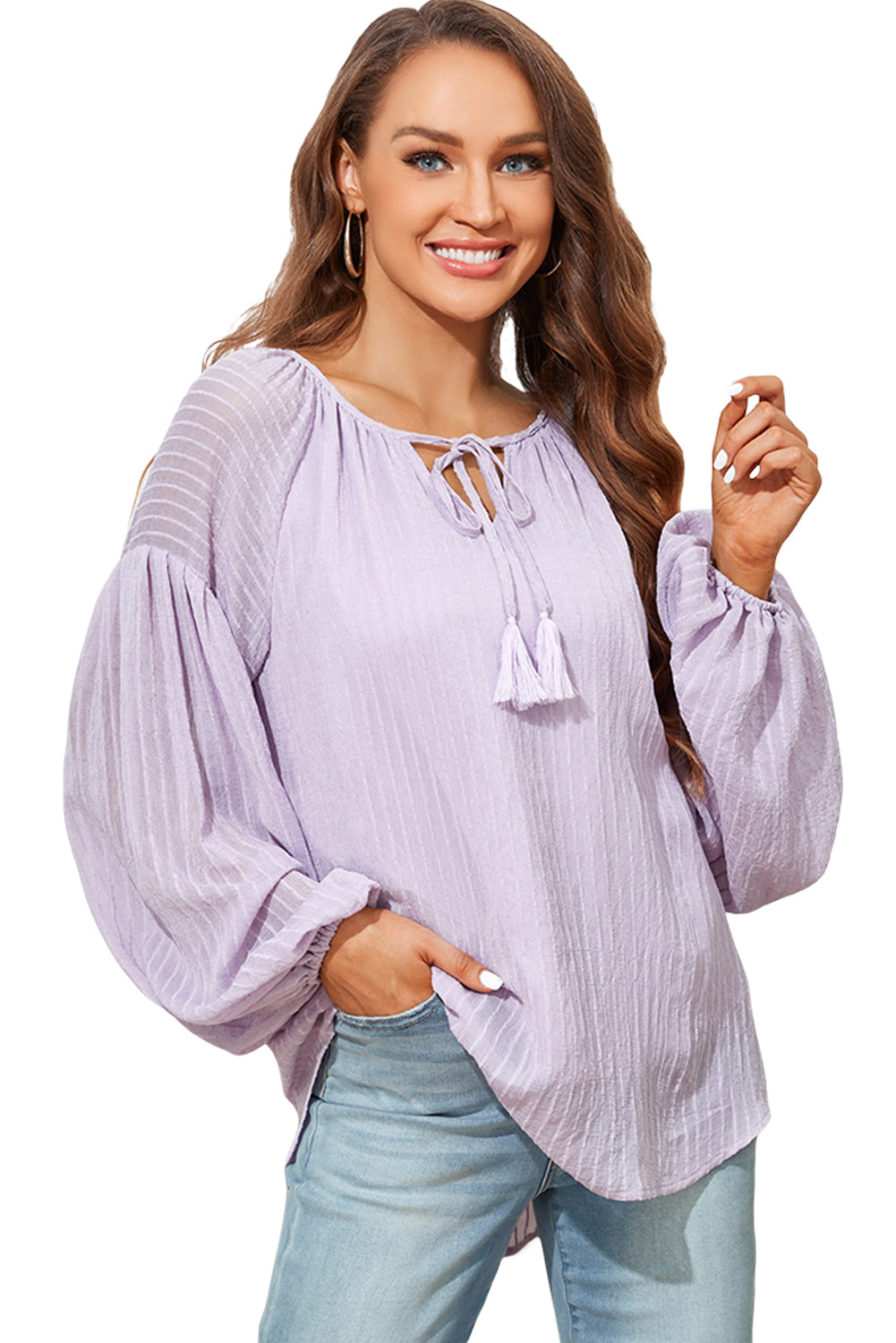 Blue Lantern Sleeve Stripe Tassel Drawstring Blouse