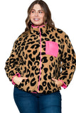 Leopard Plus Size Color Block Chest Pocket Sherpa Jacket