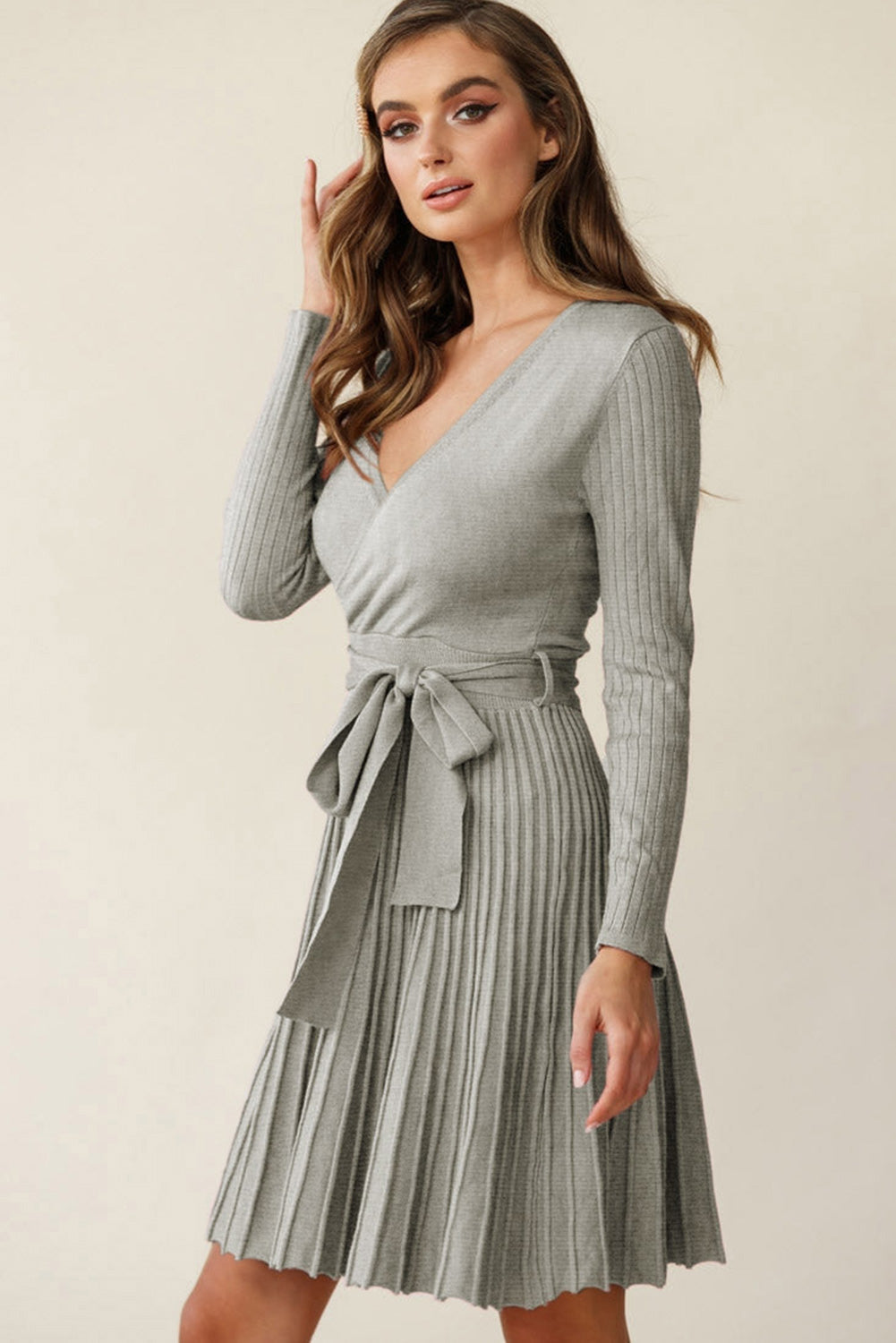 Belted V Neck Ribbed Pleated Sweater Dress