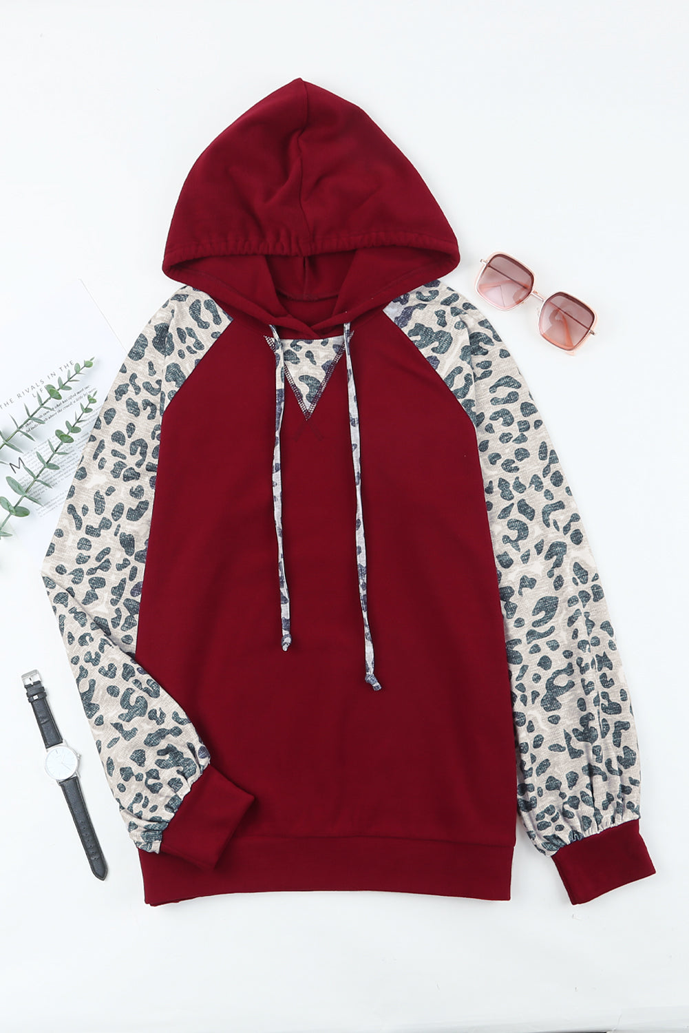 Leopard Contrast Fleece Brushed Hoodie