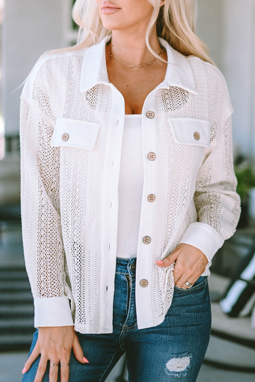 Lace See-through Button Collared Shacket