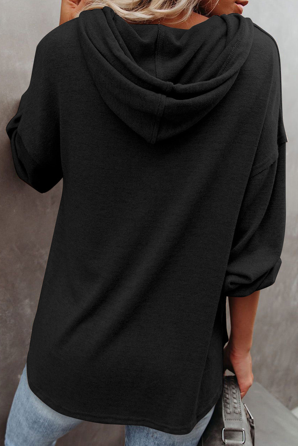 Black Buttoned High and Low Hem Hoodie