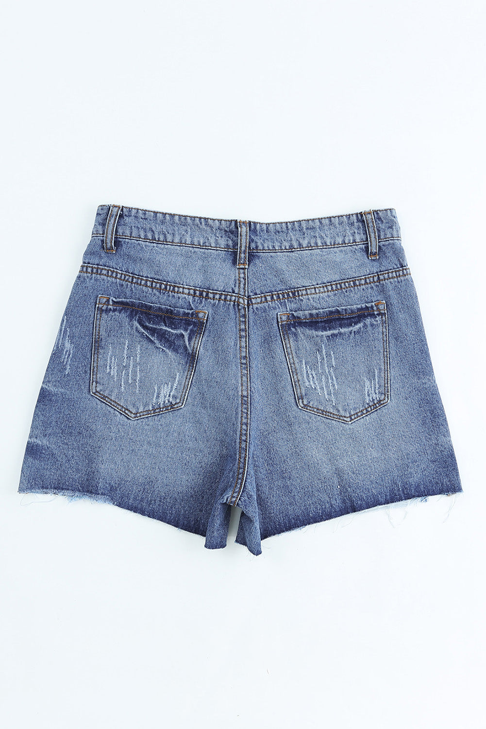 Short en denim vieilli taille haute à braguette boutonnée bleu ciel