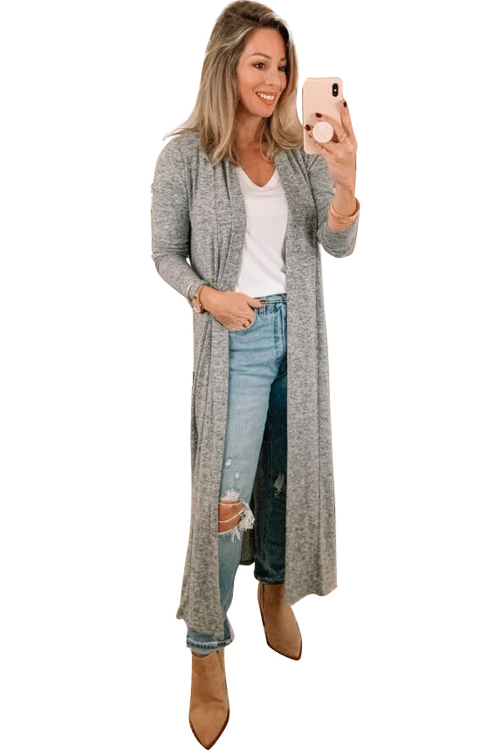 Cardigan long gris noué au dos ouvert sur le devant