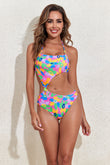 Floral Print Knotted Cut-out Halter One-piece Swimsuit